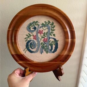 Vintage Handcrafted Wooden Plate with Embroidered Floral Art with Letter N